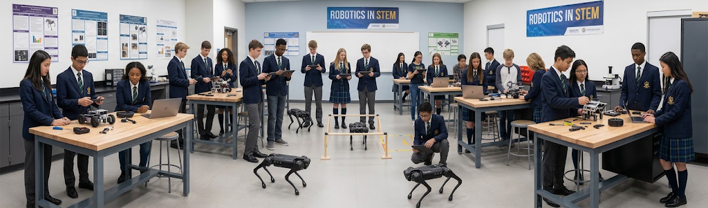 Students programming quadruped robots in a STEM laboratory